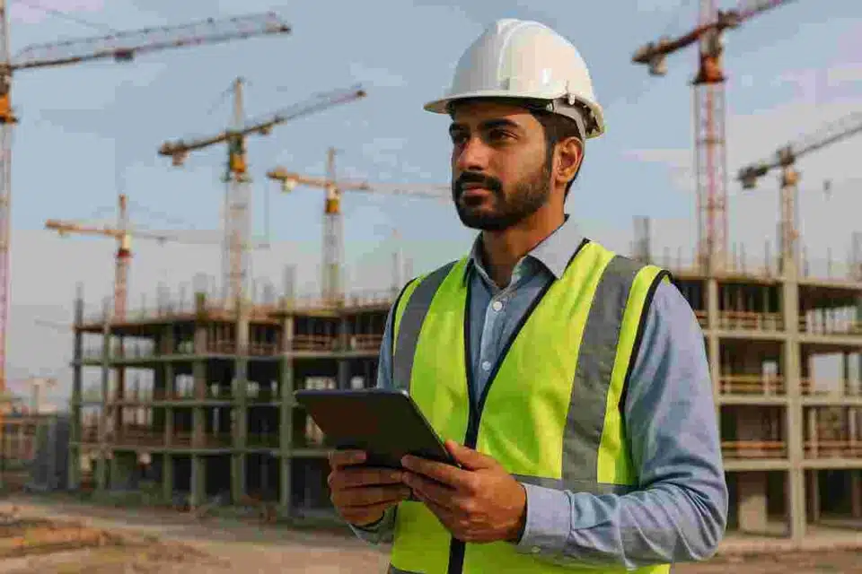 civil engineer reviewing construction site abroad