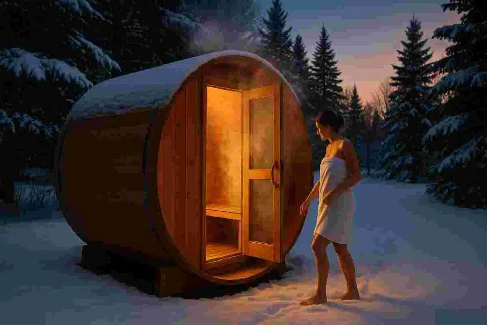 Canadian backyard outdoor wood sauna wellness session in winter