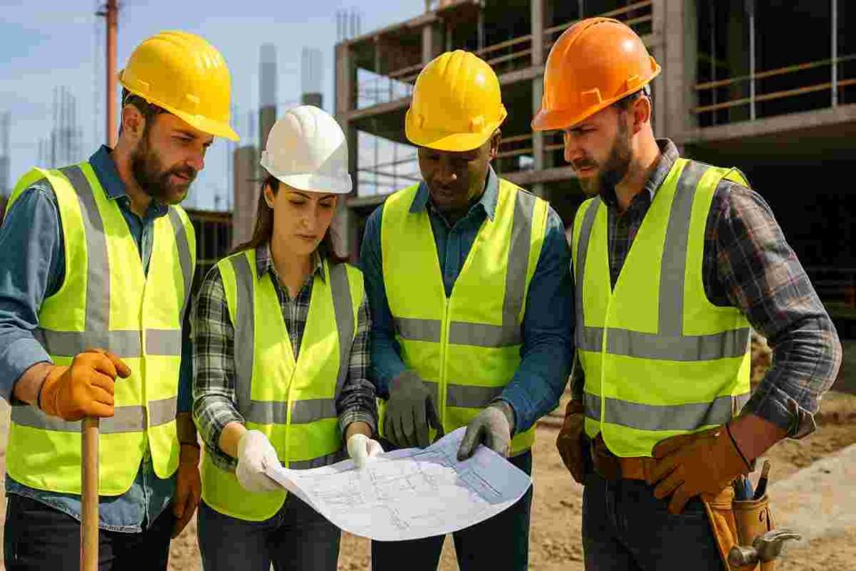 construction workers on site wearing safety gear and examining blueprint