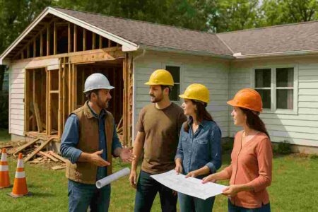 Homeowners reviewing partial demolition plans with contractors on-site.