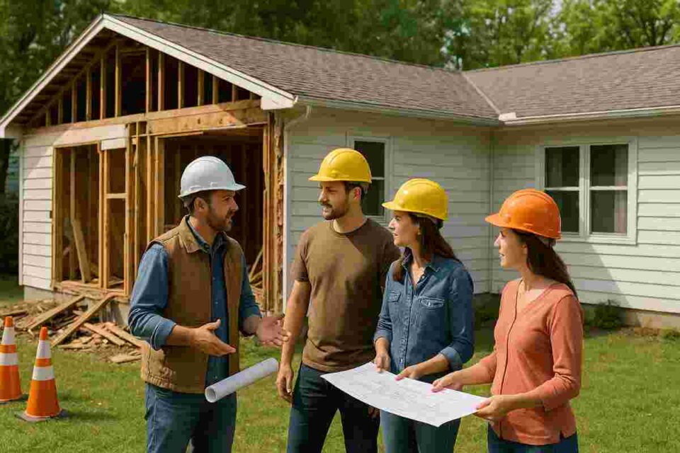 Homeowners reviewing partial demolition plans with contractors on-site.