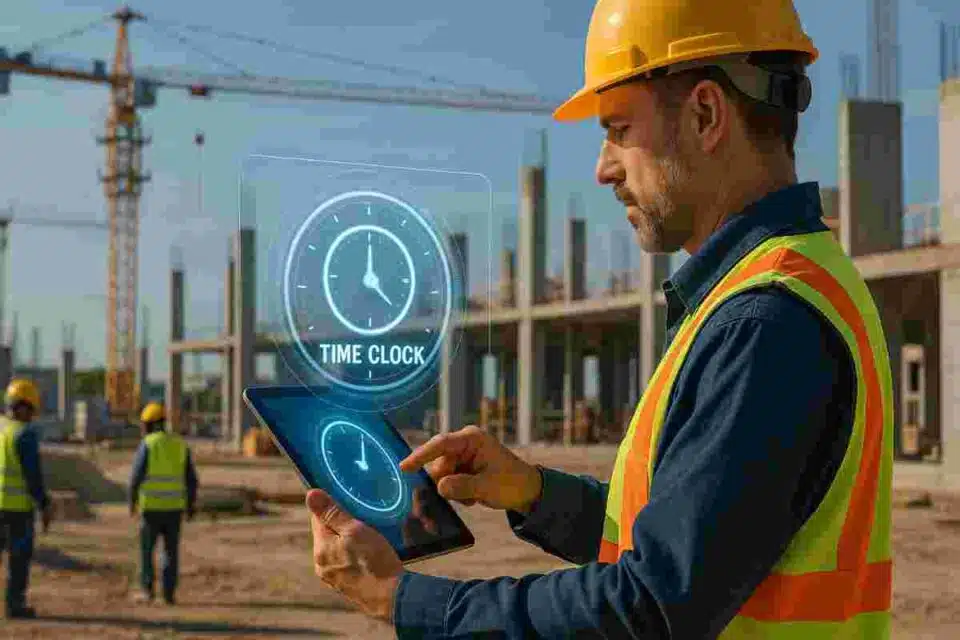 Construction site manager checking digital time clock on tablet.