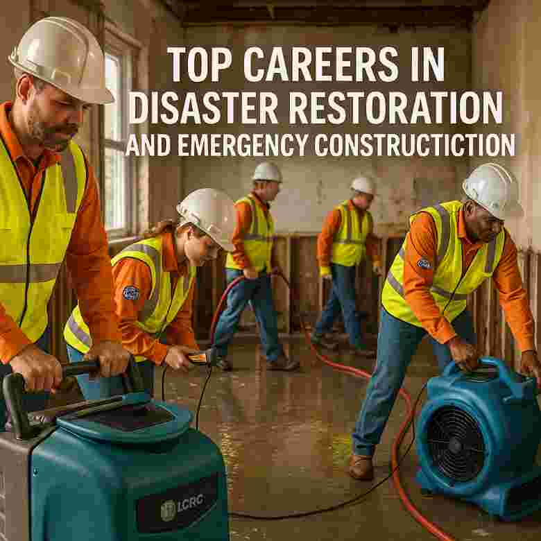 Disaster restoration team wearing safety equipment repairing flood-damaged commercial building foundation