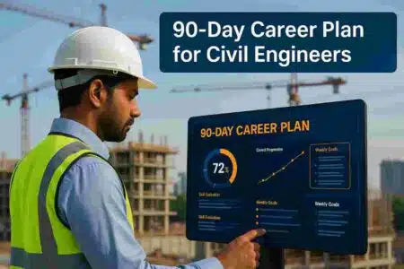 Indian civil engineer reviewing an AI-generated 90-day career plan on a digital dashboard