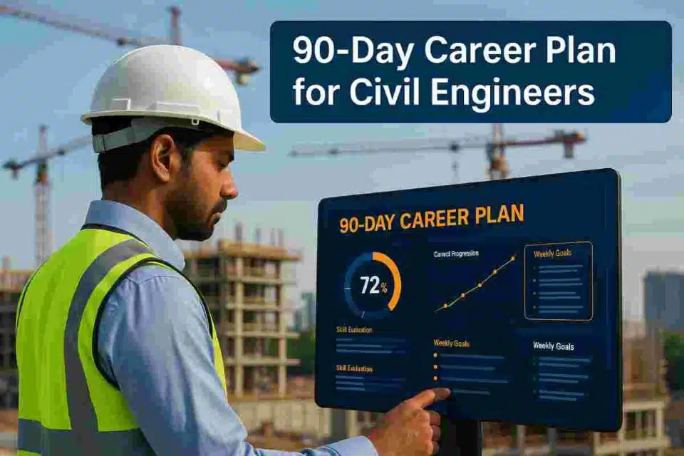 Indian civil engineer reviewing an AI-generated 90-day career plan on a digital dashboard