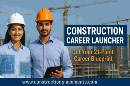 male and female civil engineers at a modern construction site with cranes, digital holograms, and growth charts — banner for Construction Career Launcher 21-Point Career Blueprint.