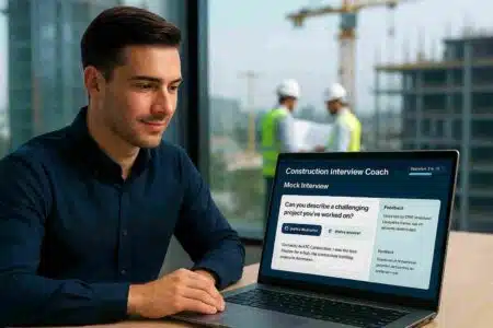 Young civil engineer preparing for a mock interview using the Construction Interview Coach AI tool on a laptop, with a construction site visible through the window.