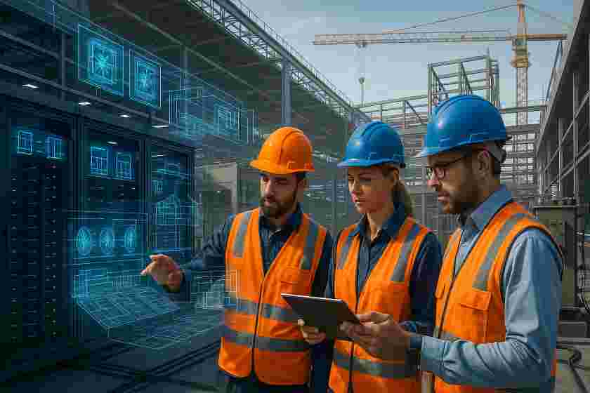 Engineers working at a modern data center construction site with digital infrastructure elements, cranes, cooling systems, and power equipment.