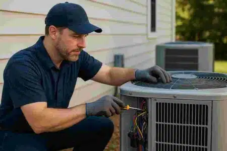 U.S. HVAC technician performing routine maintenance on an outdoor AC unit under bright daylight, symbolizing reliability and energy efficiency.
