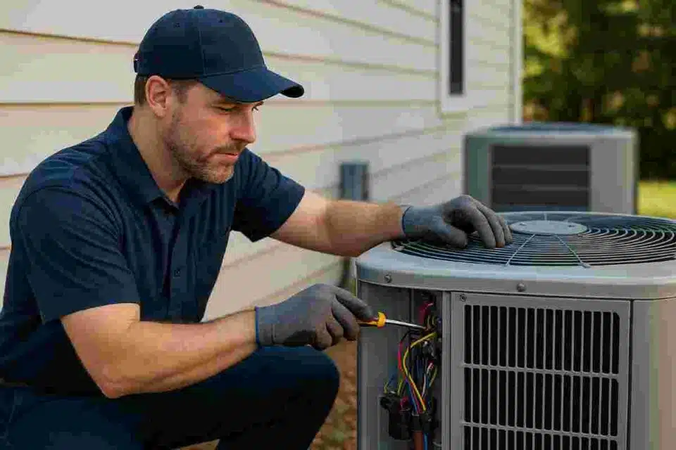 U.S. HVAC technician performing routine maintenance on an outdoor AC unit under bright daylight, symbolizing reliability and energy efficiency.