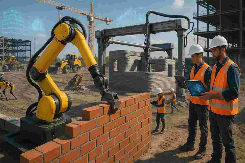Construction robots and autonomous machinery working on modern building site with 3D printing technology and robotic equipment