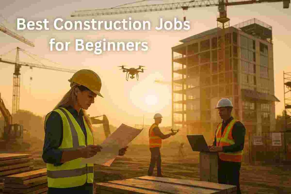 Female civil engineer reviewing blueprints with BIM technician and drone pilot at sunrise construction site.