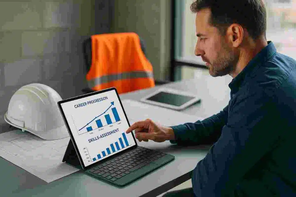 Construction professional reviewing career blueprint with digital tools and project plans on desk