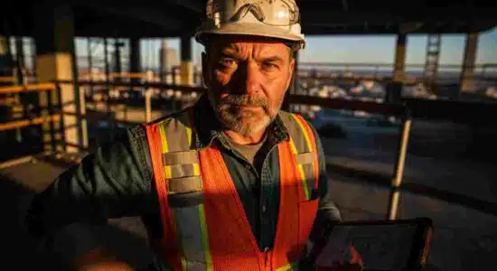 Construction workers following safety protocols at an active job site