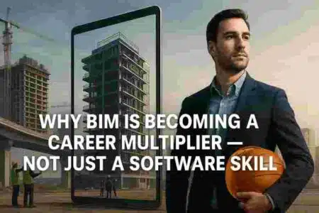 Construction professional reviewing a BIM model against a global construction backdrop, showing how BIM accelerates career growth