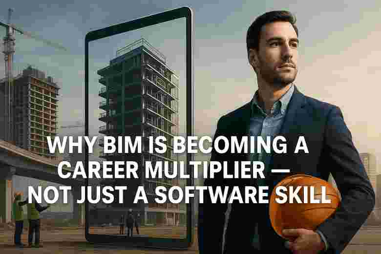 Construction professional reviewing a BIM model against a global construction backdrop, showing how BIM accelerates career growth