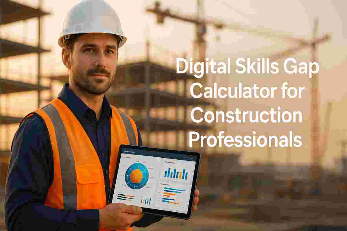 Digital skills gap calculator for construction professionals showing skill analytics on tablet at construction site