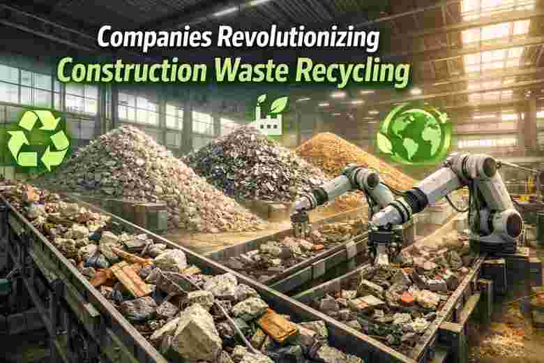 Construction waste recycling facility with AI-powered sorting systems processing demolition debris into recyclable materials