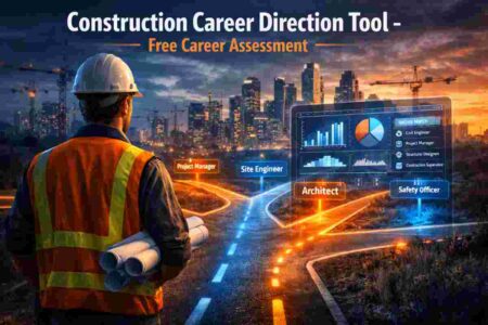 Construction professional in safety gear standing at a career crossroads with digital career paths and assessment dashboard