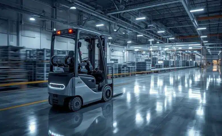 Forklift operating in warehouse with advanced power system improving efficiency