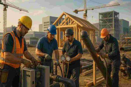 Skilled electricians, plumbers, HVAC technicians, carpenters and pipefitters working on a modern construction site.