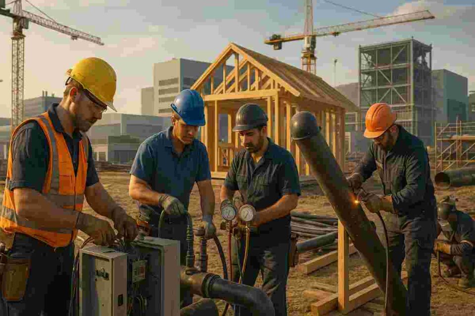 Skilled electricians, plumbers, HVAC technicians, carpenters and pipefitters working on a modern construction site.