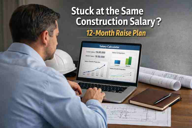 construction professional reviewing salary growth plan on laptop