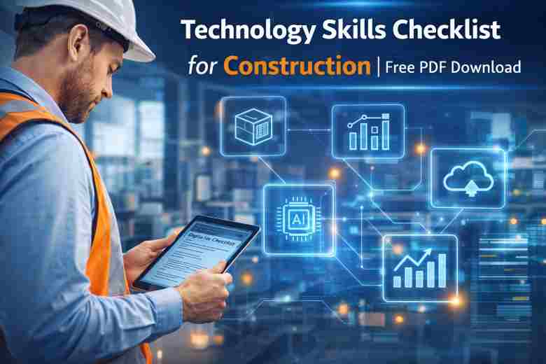 Construction professional using a tablet to review a technology skills checklist with BIM, AI, and digital tools.