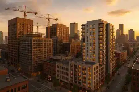 aerial view of a major U.S. downtown skyline showing aging office towers being renovated into modern residential buildings, symbolizing urban adaptive reuse in 2026