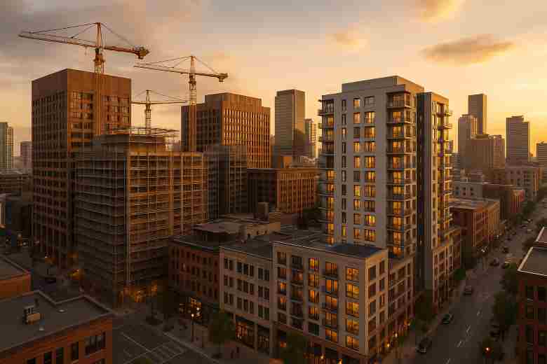 aerial view of a major U.S. downtown skyline showing aging office towers being renovated into modern residential buildings, symbolizing urban adaptive reuse in 2026