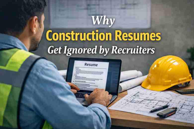 construction engineer reviewing resume on laptop