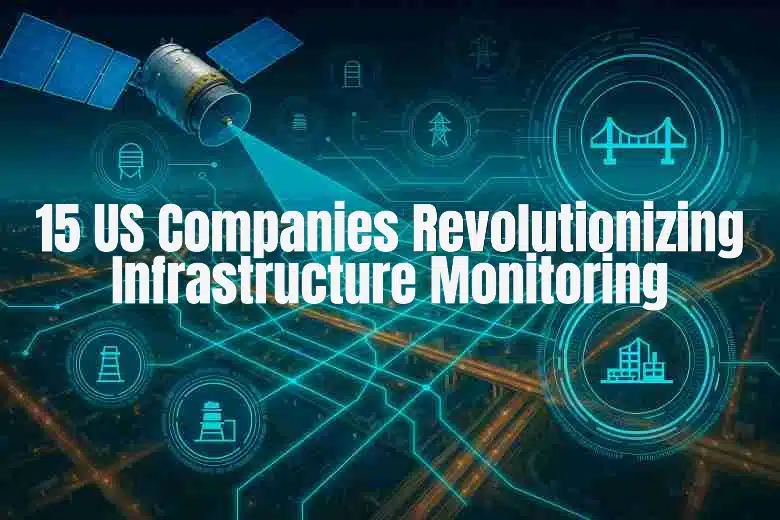 High-resolution illustration of a satellite monitoring urban infrastructure with digital sensor networks and holographic overlays tracking bridges, roads, and utilities.