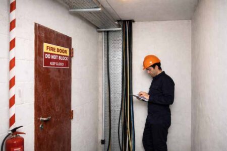 Incorrect fire door fitting showing gaps, damaged seals, and improper hinges