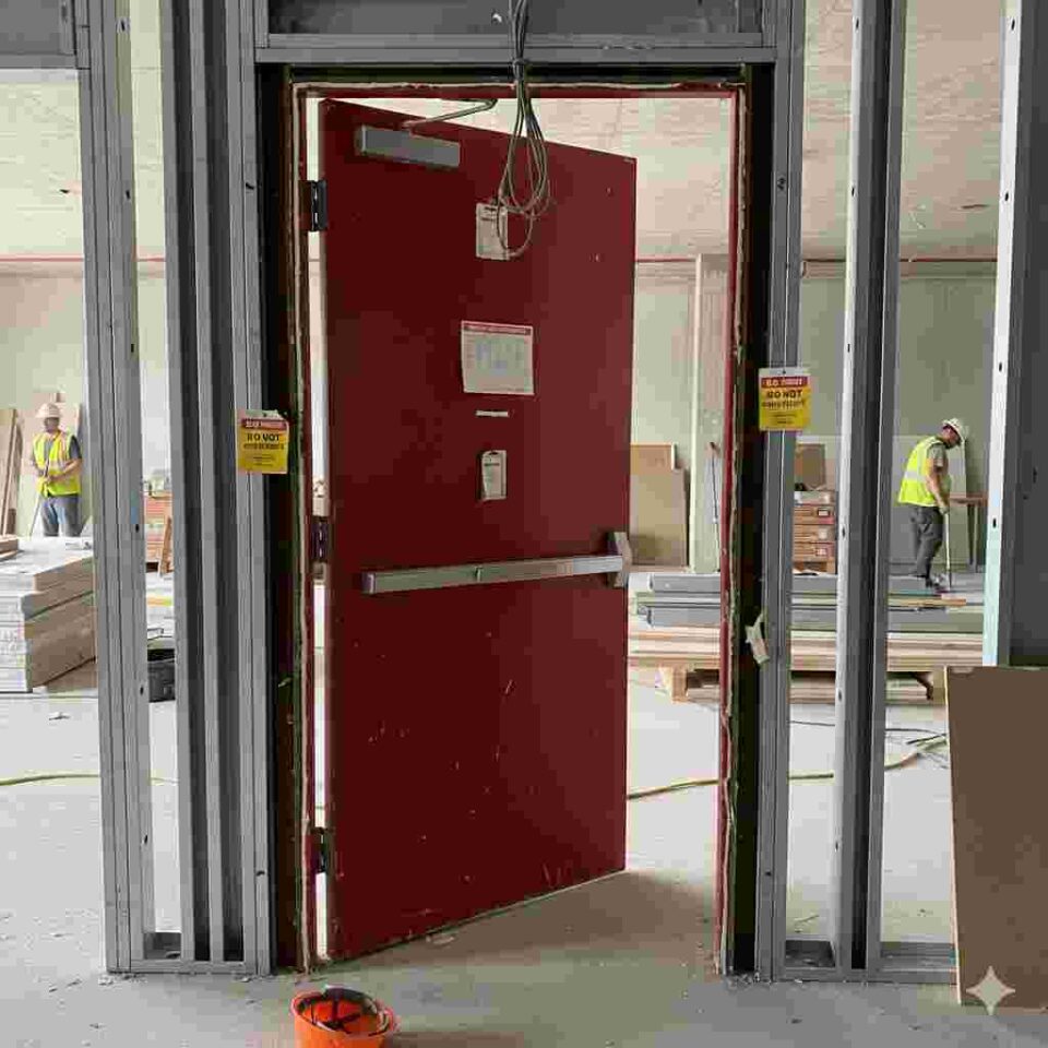 Incorrect fire door fitting showing gaps, damaged seals, and improper hinges