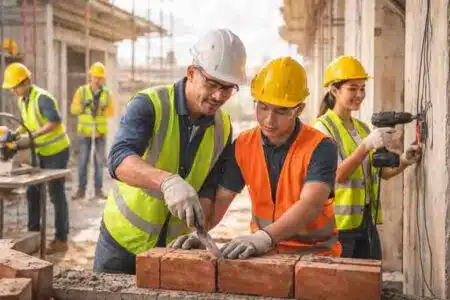 Trade school students receiving hands-on construction site training