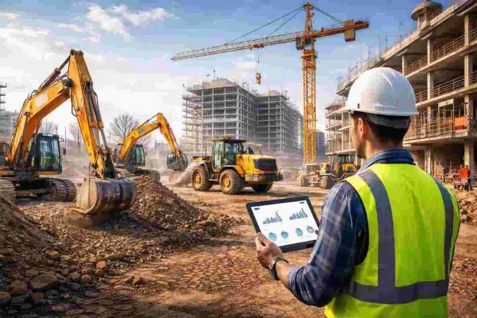 Heavy construction equipment rental yard with excavators and cranes on an active jobsite
