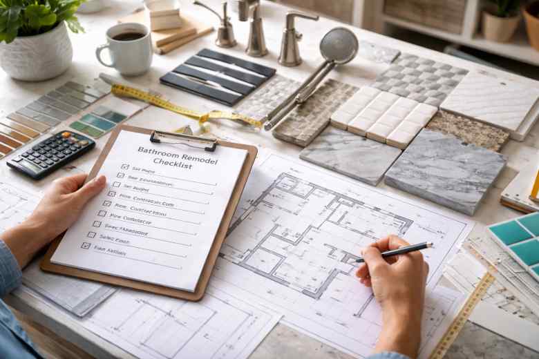 homeowner planning a bathroom remodel with layout sketches and material samples