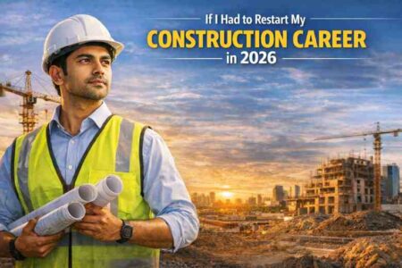 Construction professional at an active construction site holding blueprints, representing career planning and growth in the construction industry in 2026.