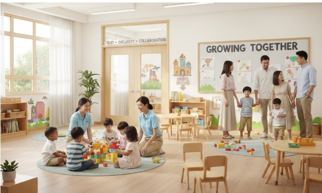 Children, parents, and teachers interacting in a Singapore pre-school community