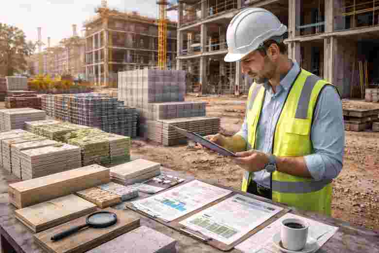construction professional evaluating building material vendors on site