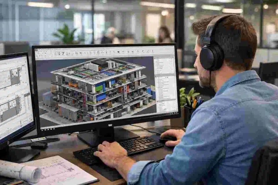 BIM professional reviewing 3D building model on computer screen in modern office