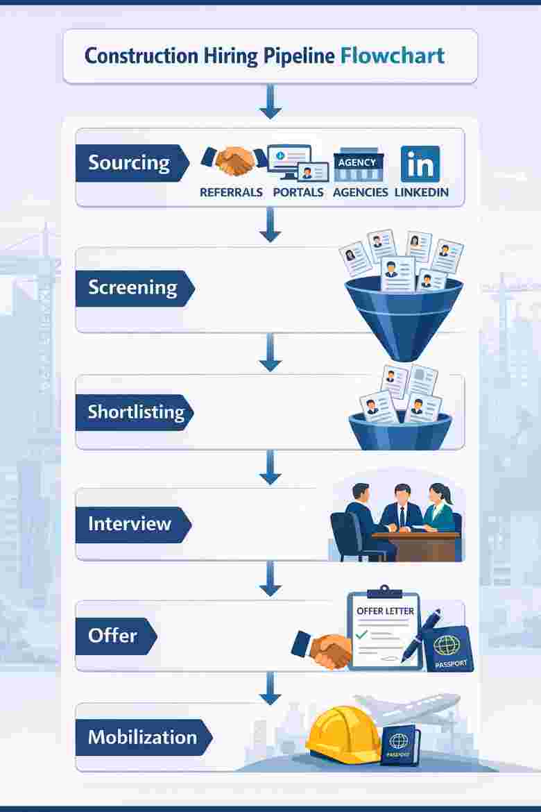 Six-stage construction hiring pipeline flowchart from sourcing to mobilization for engineering jobs