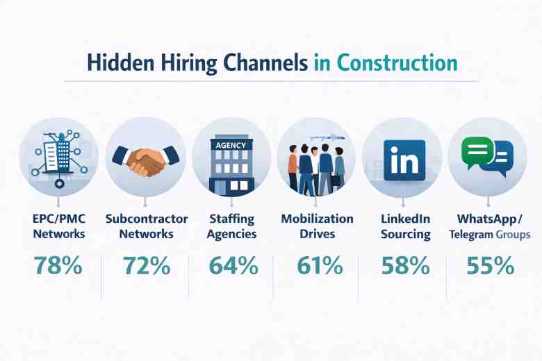 Six hidden construction hiring channels infographic showing EPC networks, staffing agencies, and social platforms