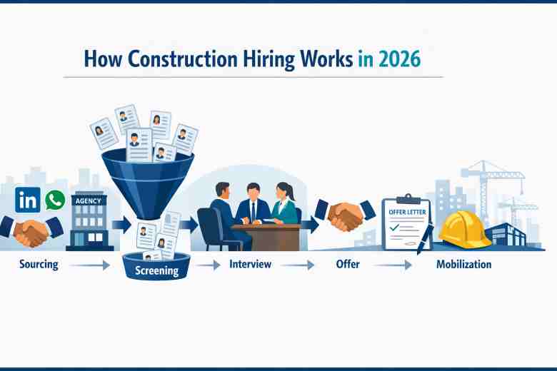 Construction hiring process infographic showing recruitment channels, ATS screening, interviews, and job offer stages for engineers in 2026