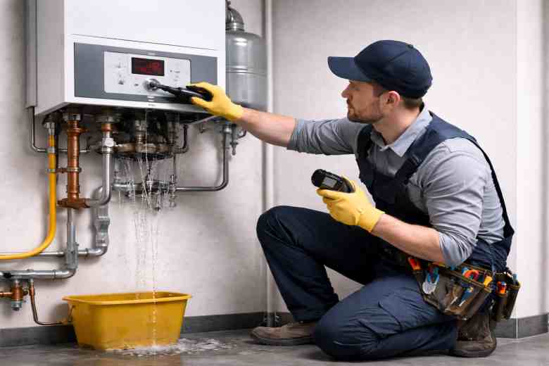 Technician inspecting residential boiler showing signs of malfunction and pressure issues