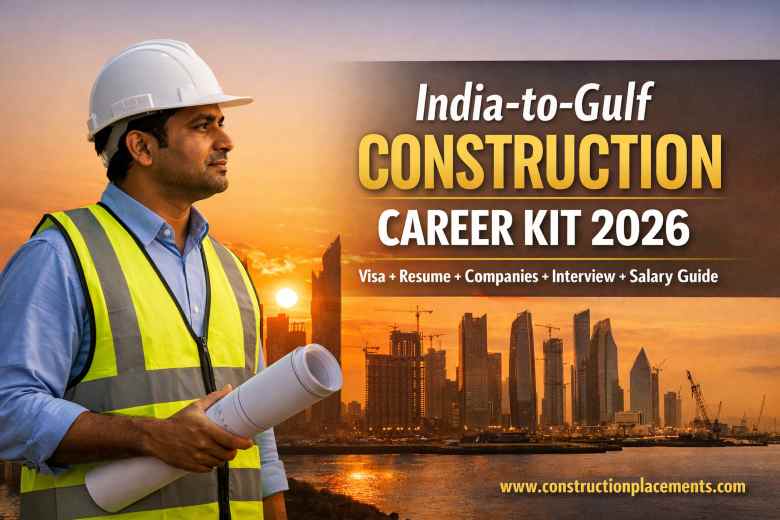 Confident Indian construction engineer in hard hat looking at Gulf skyline with cranes at sunset promoting India-to-Gulf Construction Career Kit 2026