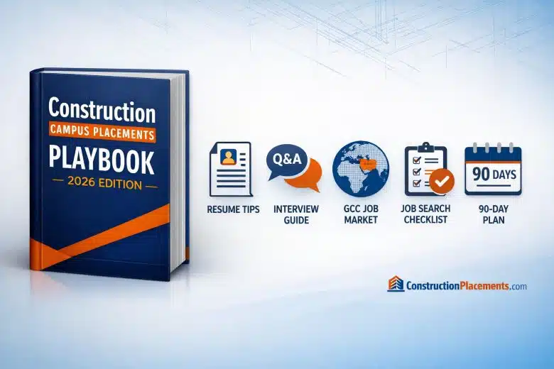 Construction Campus Placements Playbook 2026 ebook cover showing placement guide for civil engineering students with interview Q&A, resume templates, and GCC career roadmap
