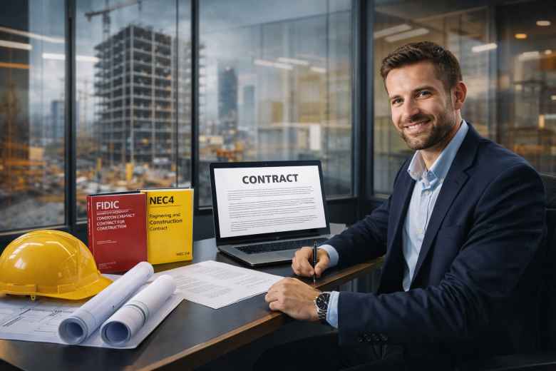 Contracts engineer reviewing construction contract documents at a project site office desk with blueprints and laptop