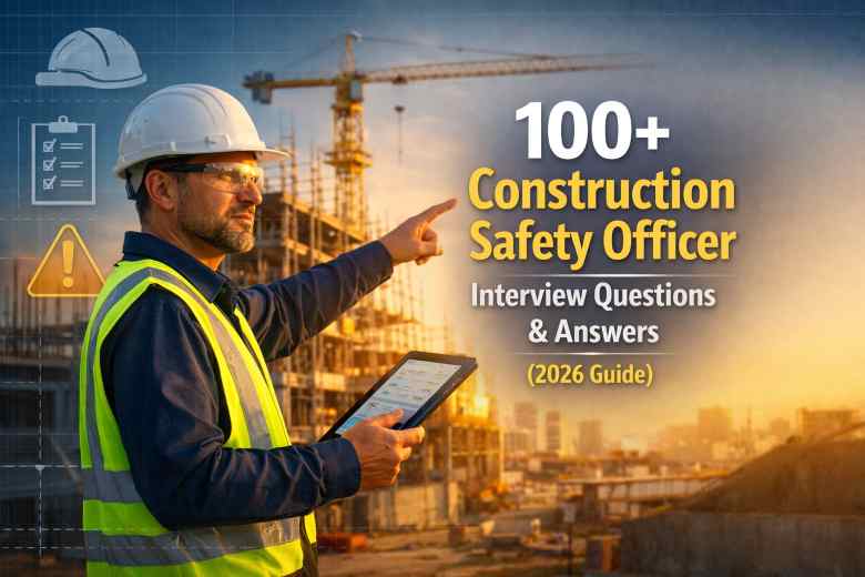 Construction safety officer in PPE inspecting a jobsite with checklist and cranes in background