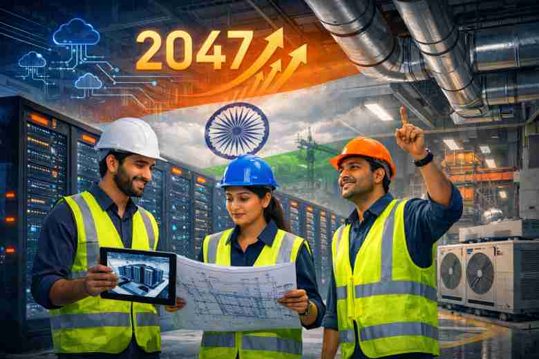 Data centre construction site in India with MEP engineers reviewing electrical systems and BIM models on tablets